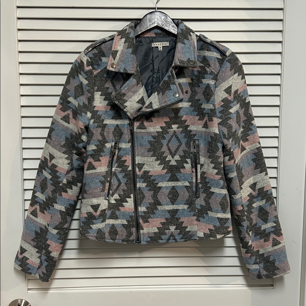 Gray,Blue and Pink Aztec Southwestern Tribal Patterned Moto Style Jacket
